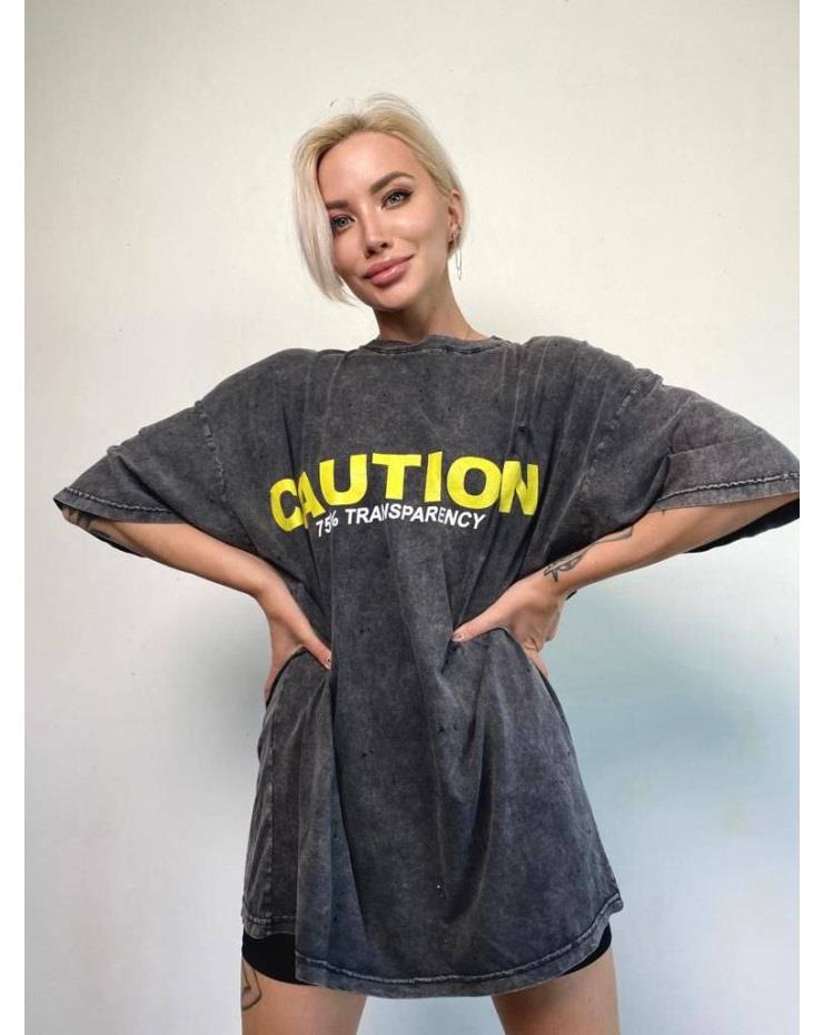 Caution Baskılı Oversize Tişört  