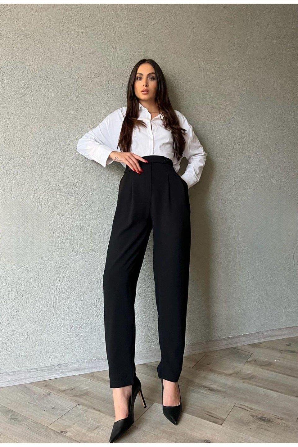 Çift Pileli Düğmeli Şalvar Siyah Pantolon