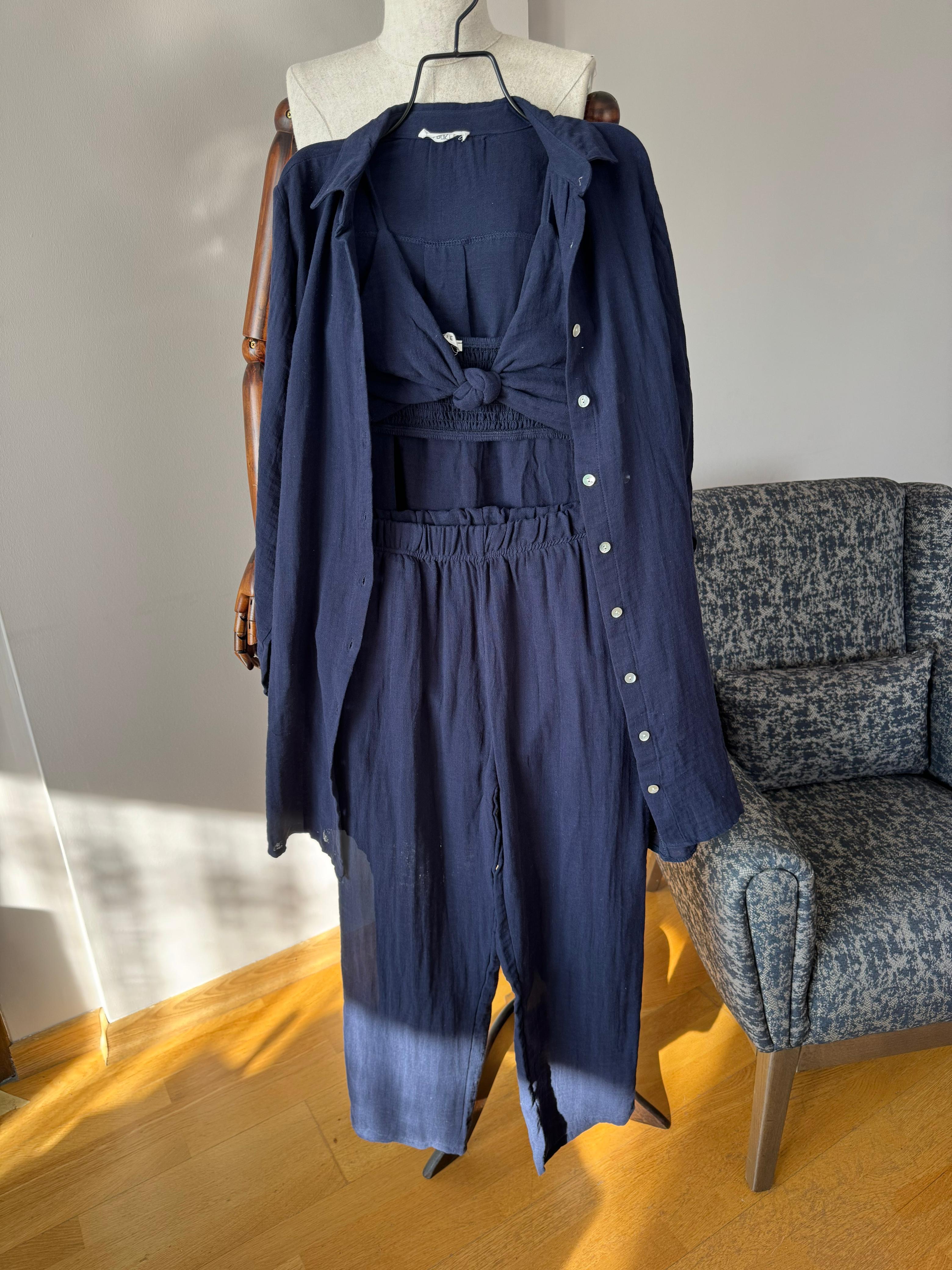 Gömlek Pantalon Crop 3 lü Keten Takım