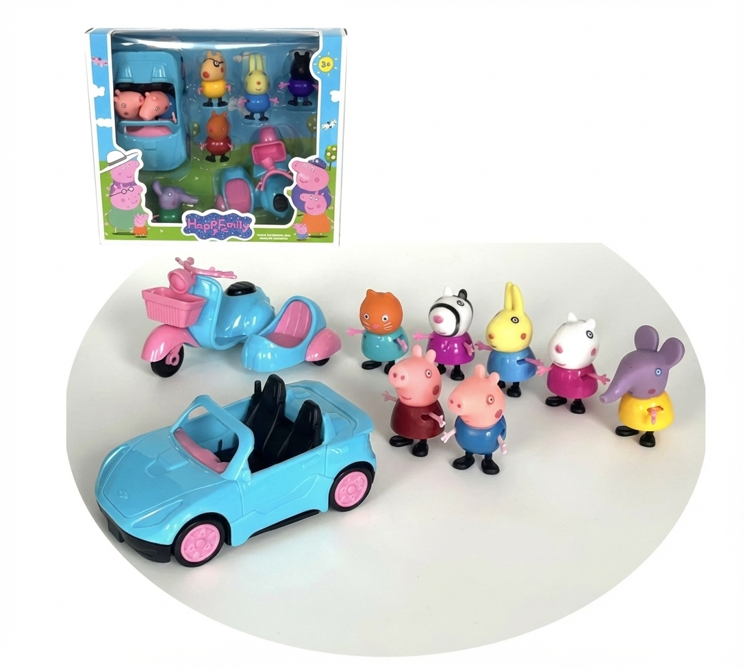Happy Family Peppa Pig Çocuk Kahraman Seti – 7 Figür, Araba ve Motosiklet, Kutulu