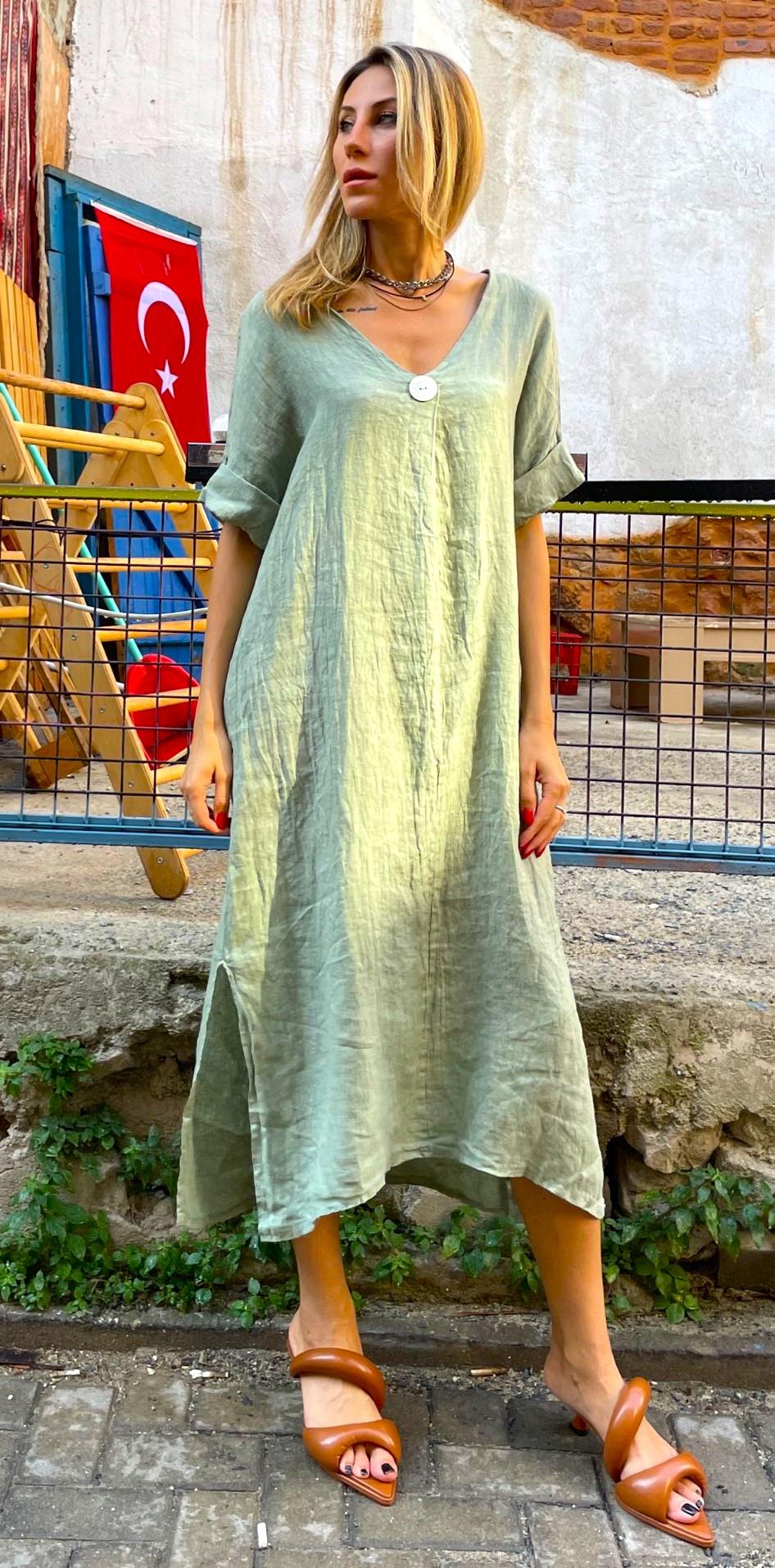 İTALYAN KETEN YEŞİL DÜZ DESEN ELBİSE