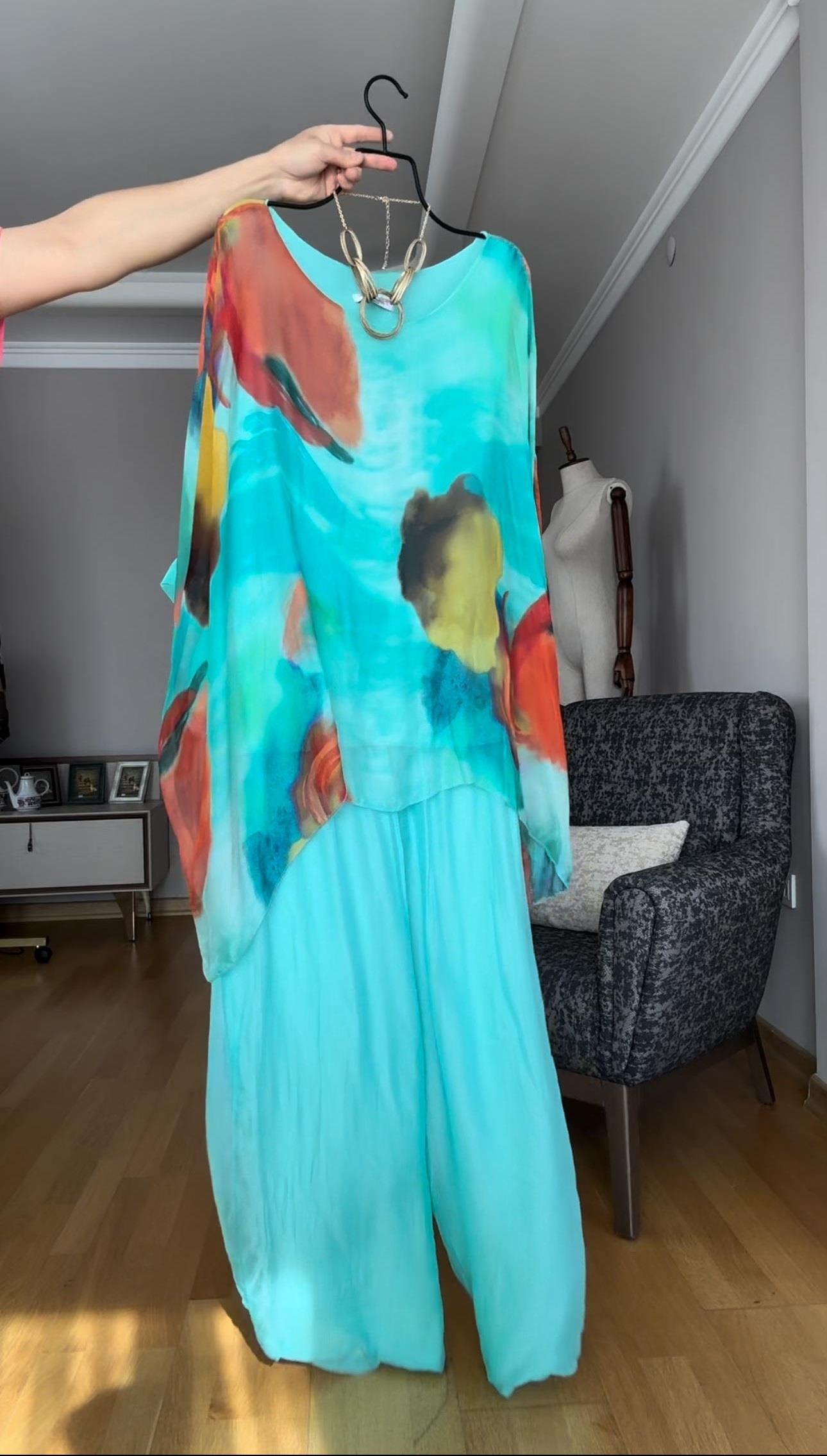 Mavi İthal Oversize Bluz - Pantolon Takım