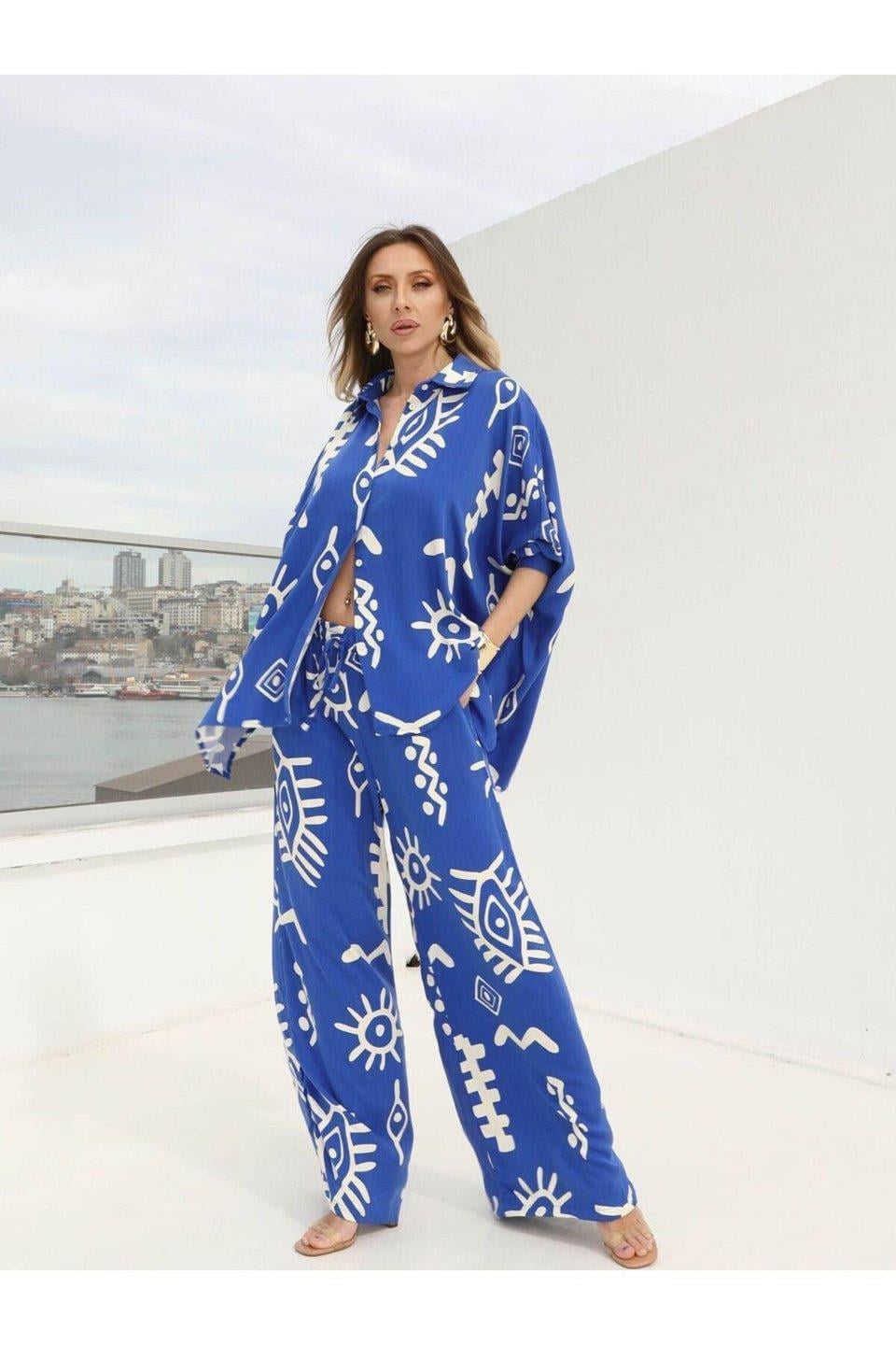 Mavi Oversize Desenli Gömlek ve Pantolon Takım