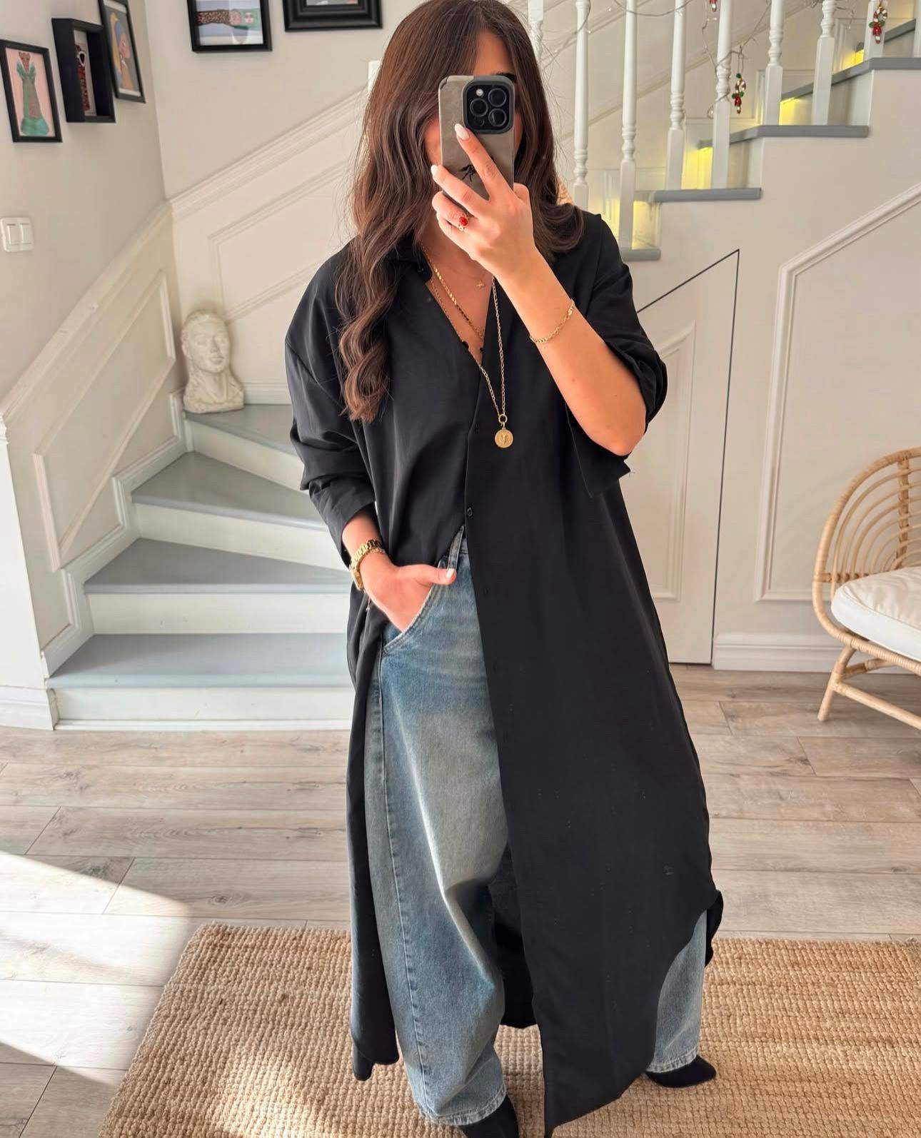 Oversize Siyah Uzun Gömlek