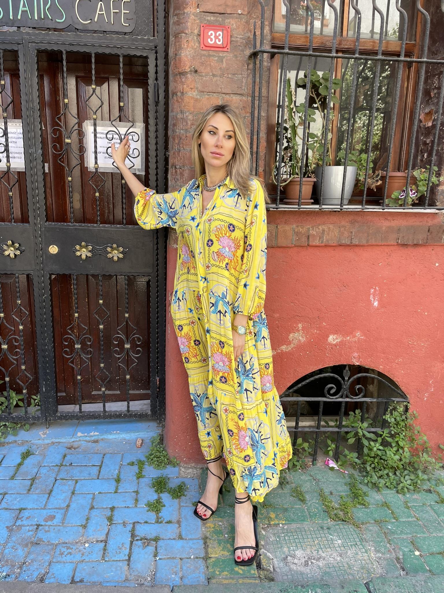 Sarı, Desenli, Gömlek Yaka, Pamuk Yazlık Elbise
