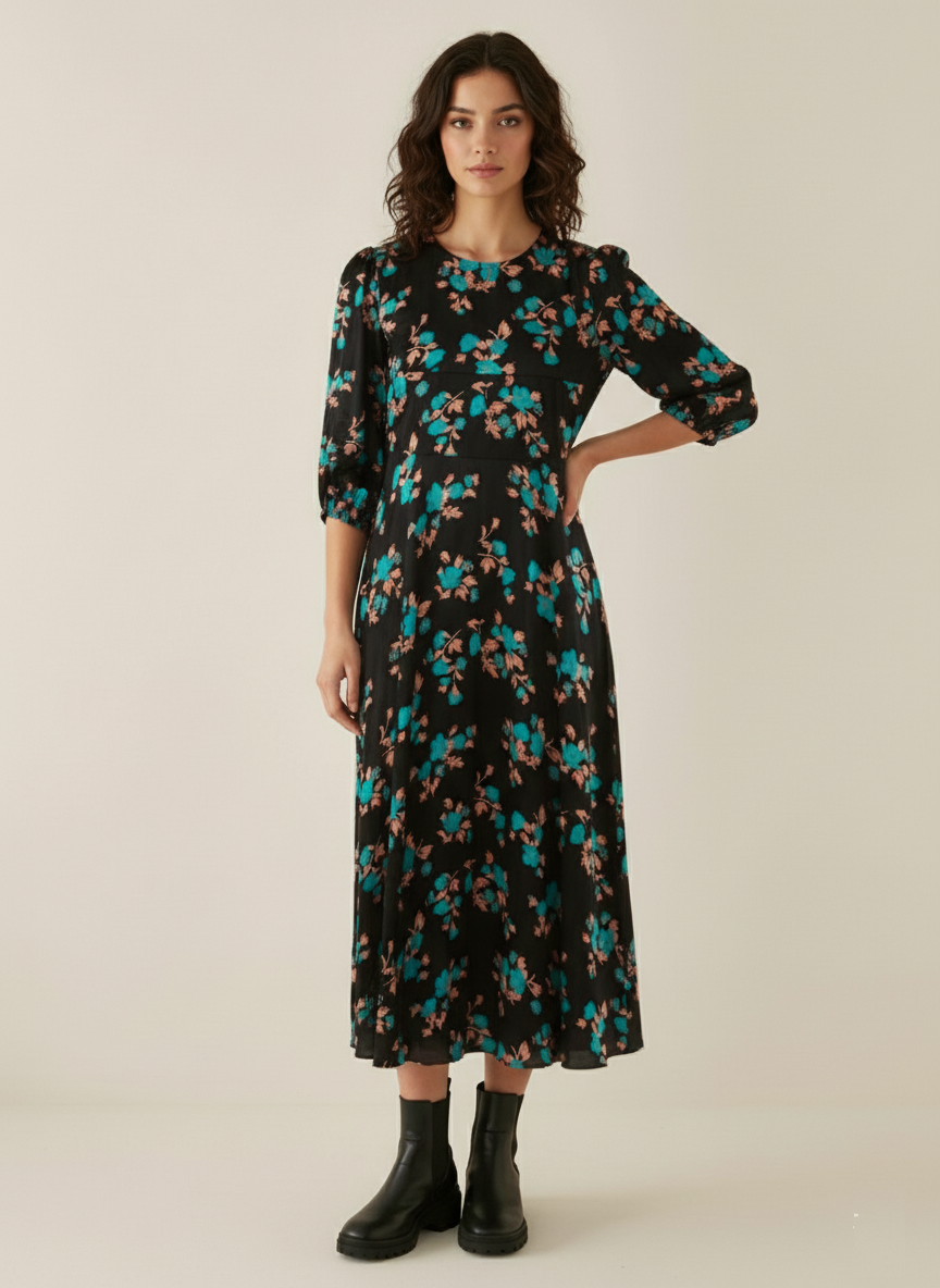 Saten Çiçek Desenli Elbise