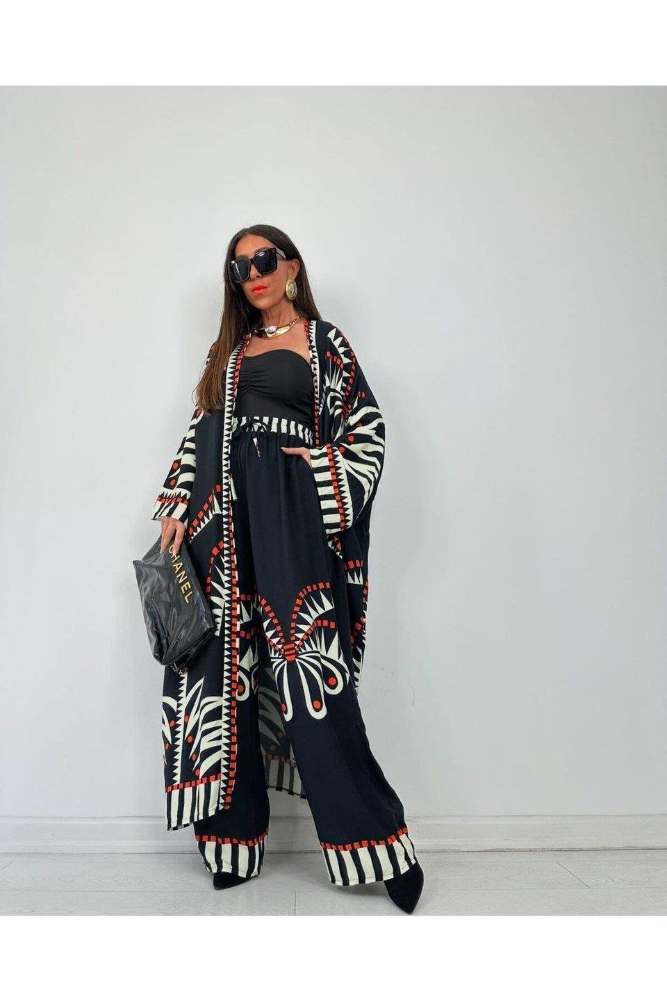 Şık Desenli Kimono ve Pantolon Kombini