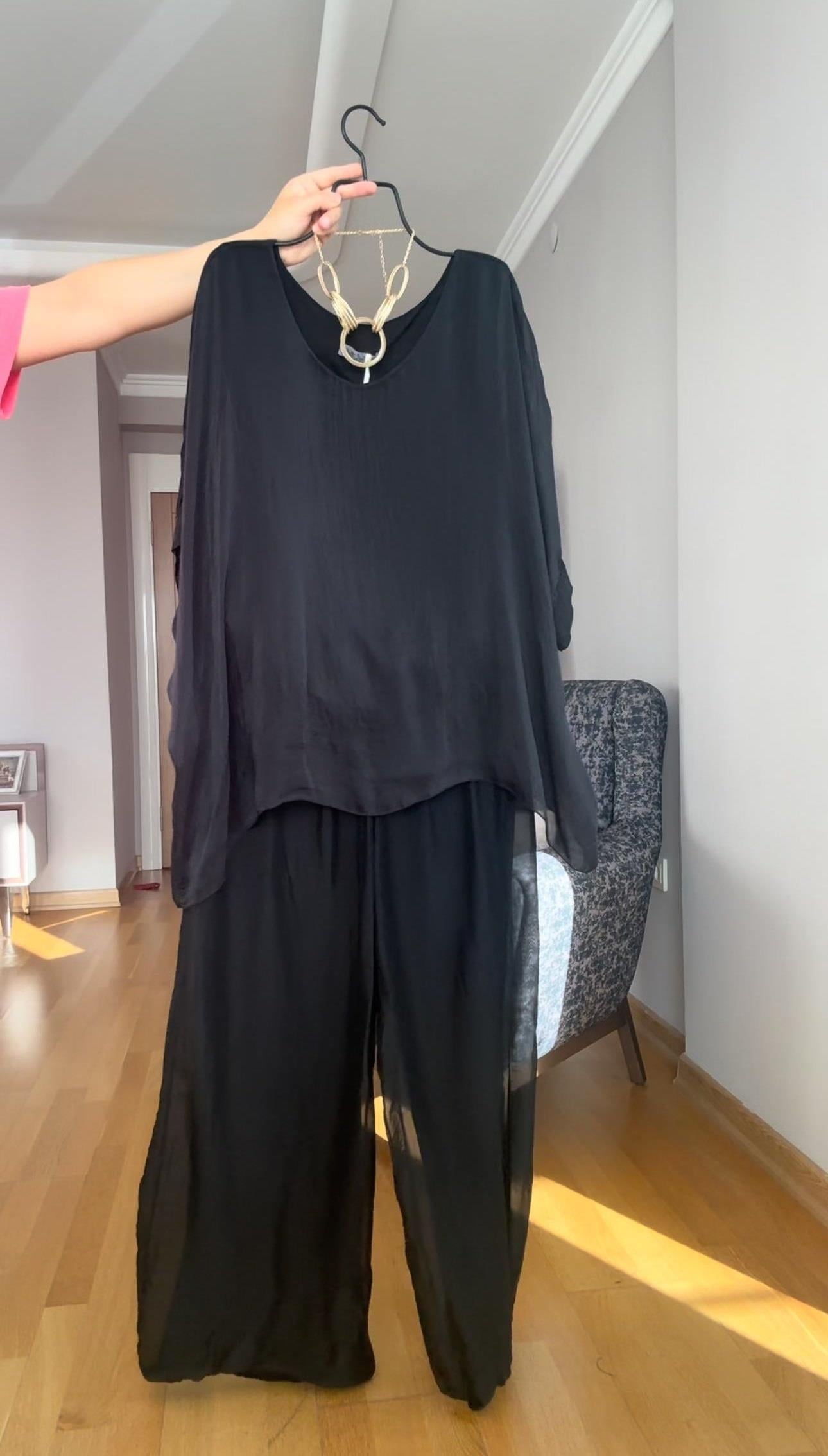 Siyah İthal Oversize Bluz - Pantolon Takım