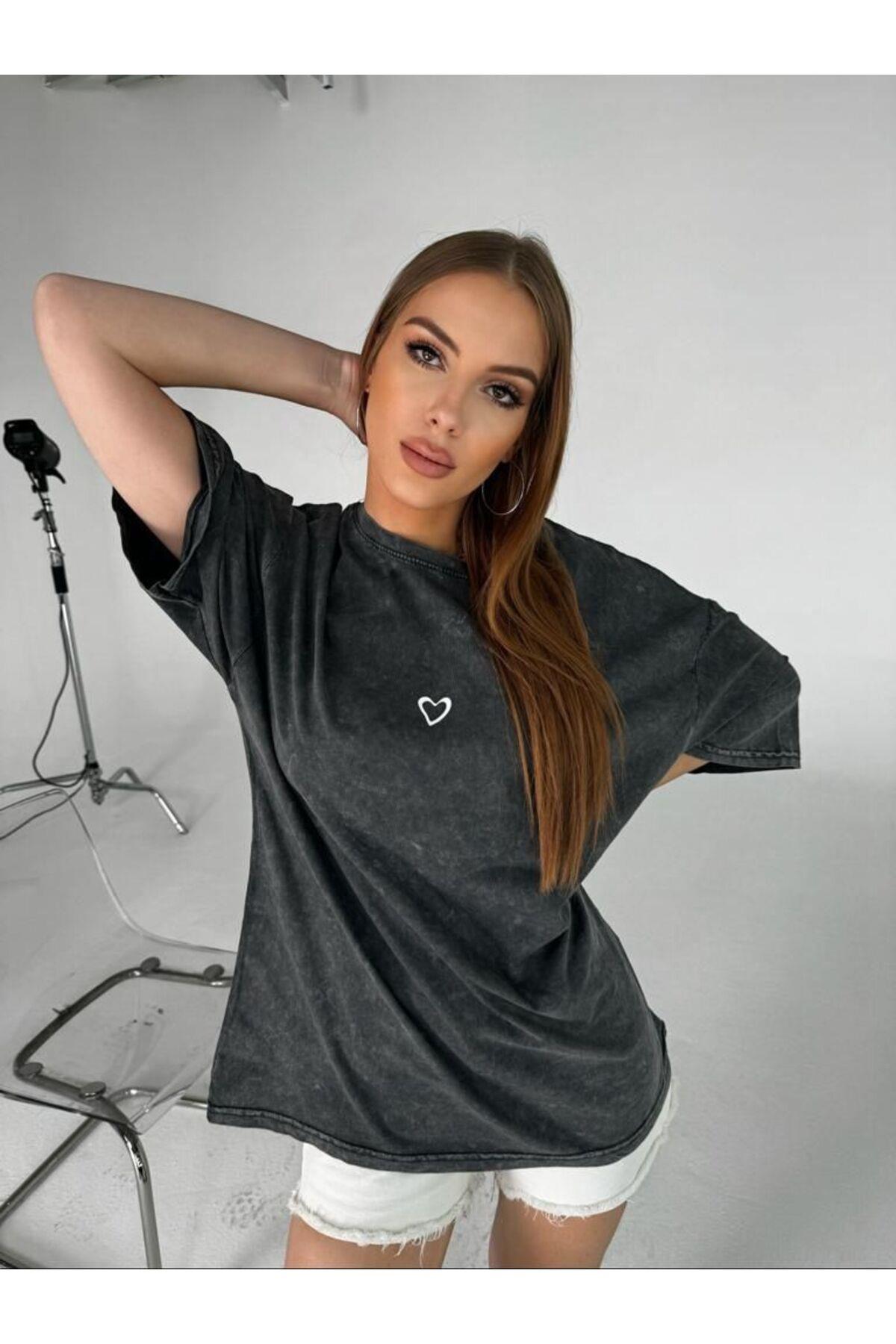 Tshirt Füme Kalp Baskı Yıkama Oversize