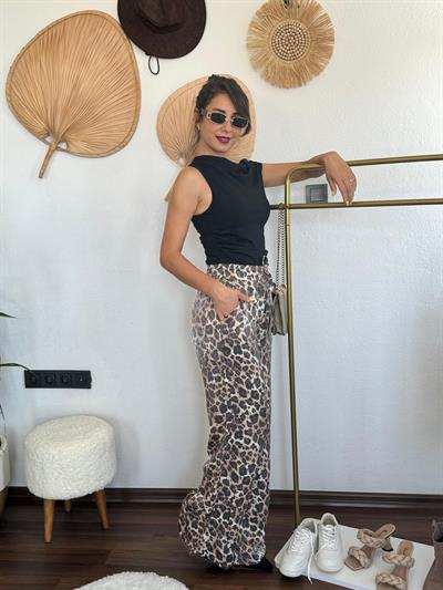 LEOPAR DESENLİ PARLAK TENSEL PANTOLON