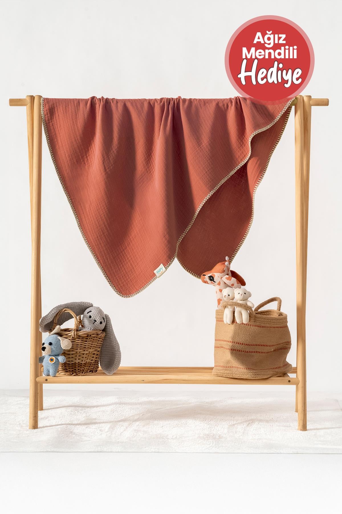 Hafy Baby %100 Organik Pamuklu Turuncu Çoban Dikiş Detaylı 4 Katlı Müslin Battaniye