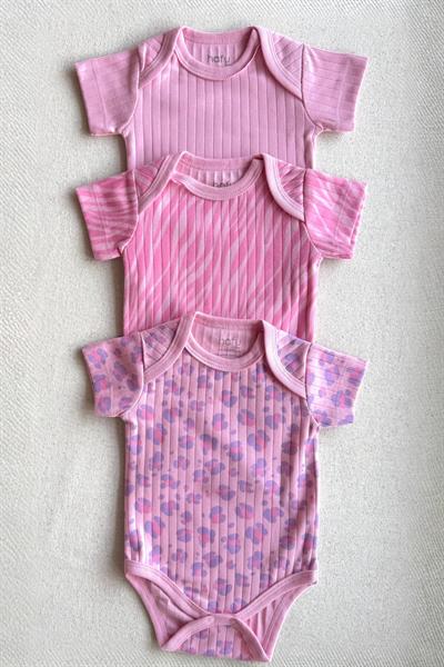 %100 Doğal Pamuk Özel Kumaş 3'lü Bebek Body Seti - Pembe