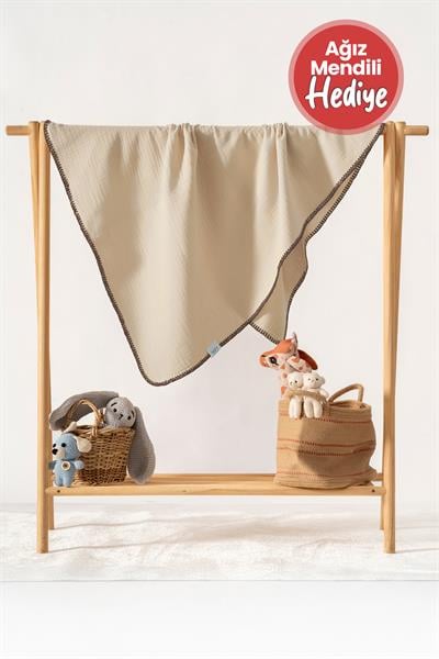 Hafy Baby %100 Organik Pamuklu Bej Çoban Dikiş Detaylı 4 Katlı Müslin Battaniye