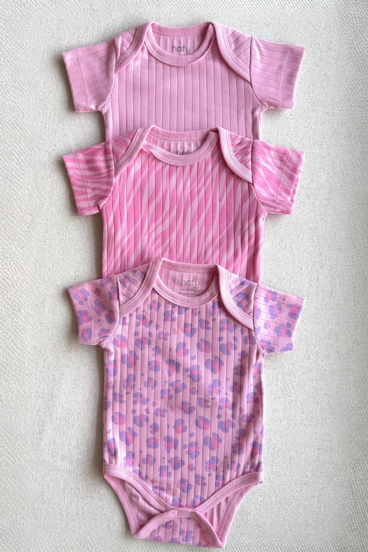 %100 Doğal Pamuk Özel Kumaş 3'lü Bebek Body Seti - Pembe
