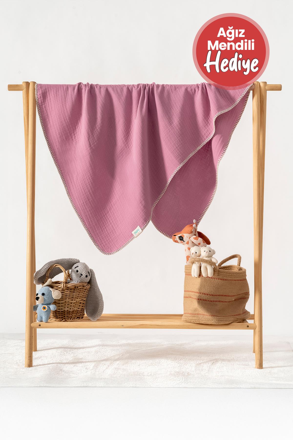 Hafy Baby %100 Organik Pamuklu Açık Pembe Çoban Dikiş Detaylı 4 Katlı Müslin Battaniye