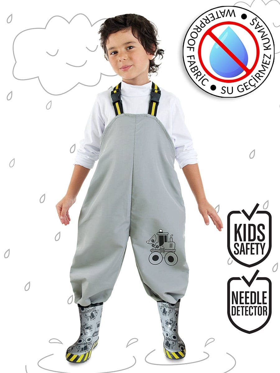 Denokids İnşaat Araçları Desenli Su İtici Ayarlanabilir Askılı Erkek Çocuk Yağmur Tulumu