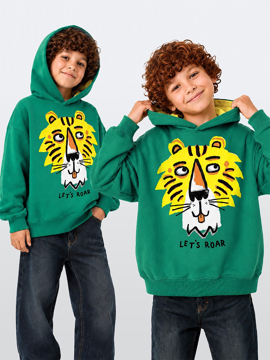 Denokids Kaplan Baskılı Oversize Kapüşonlu Erkek Çocuk Sweatshirt