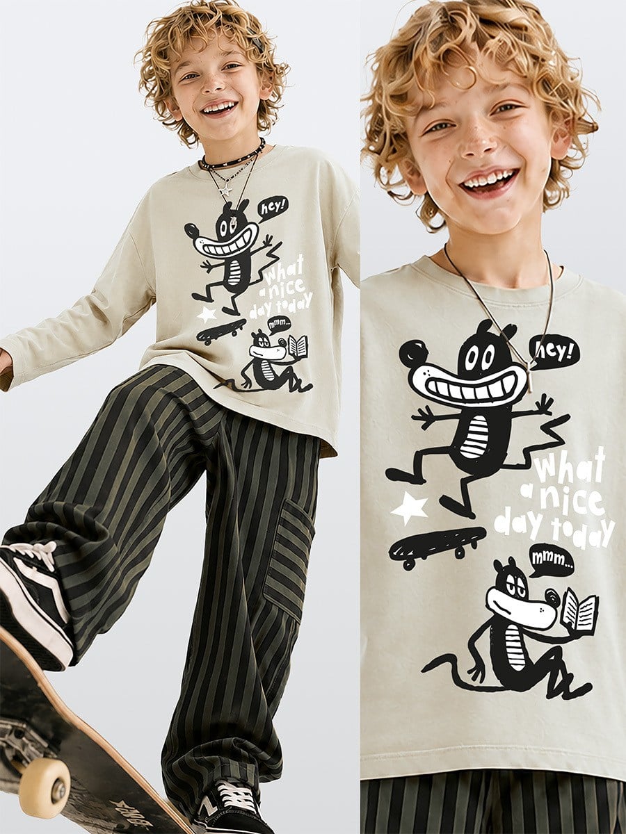 Denokids Nice Day Erkek Çocuk  Oversize T-shirt ve Çizgili Dokuma Gabardin Pantolon Takımı