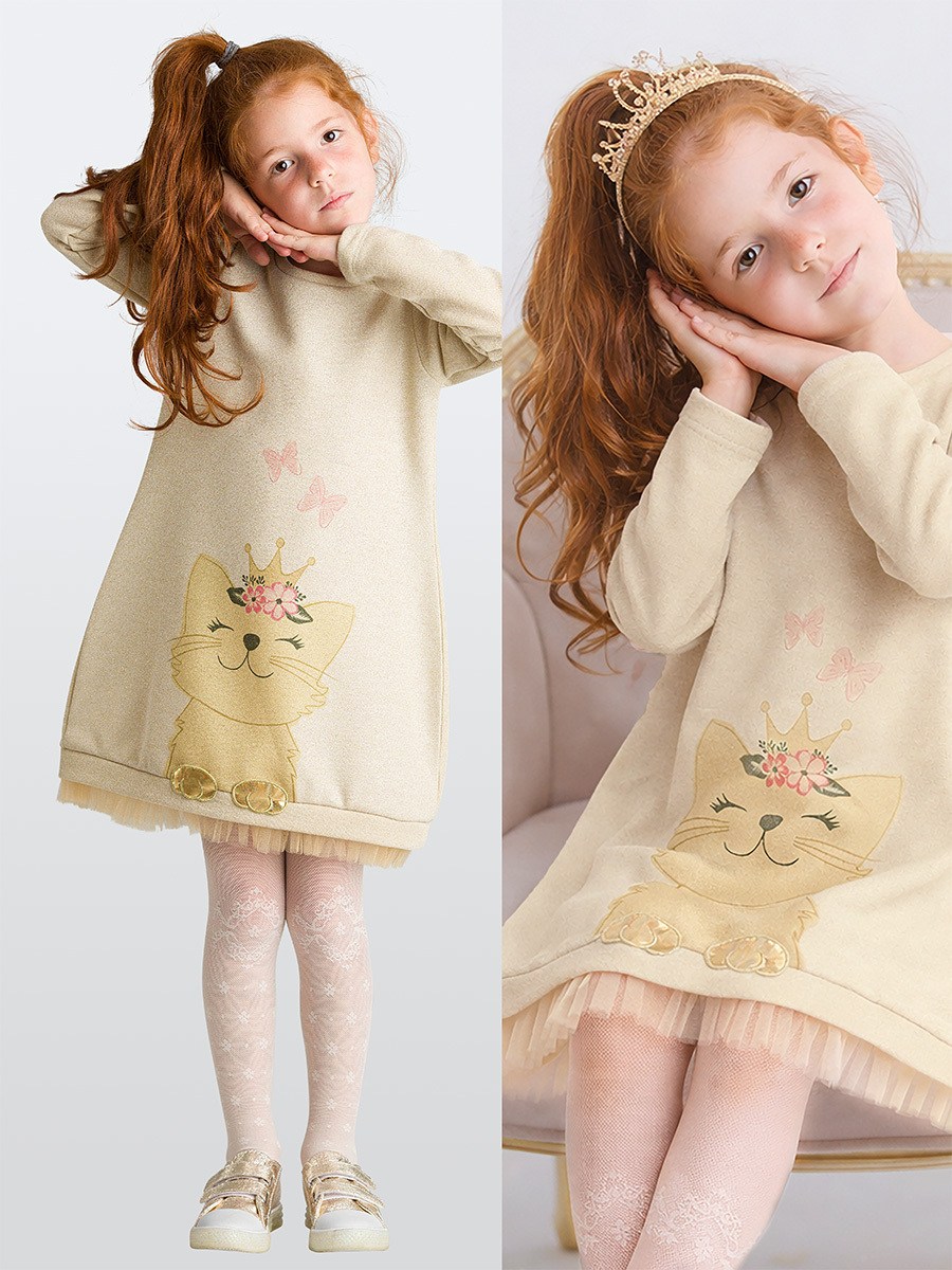 Denokids Cat Dream Kedi Desenli  Uzun Kollu Kışlık Kız Çocuk Elbise