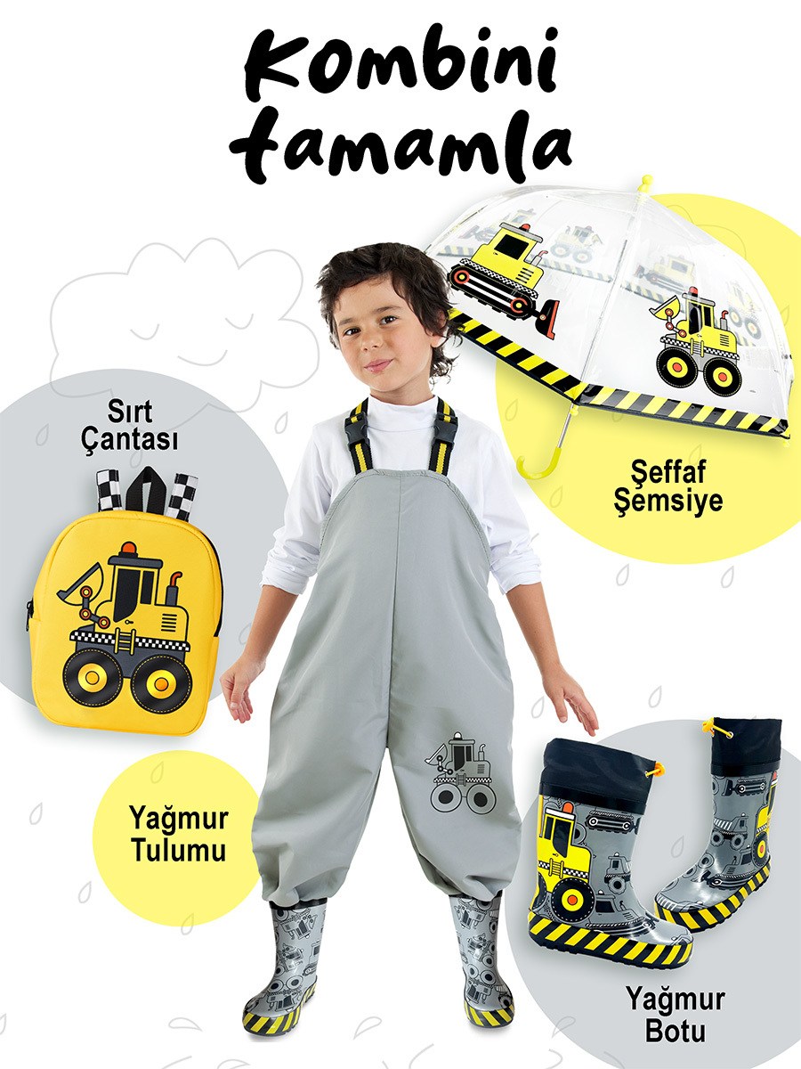 Denokids İnşaat Araçları Desenli Su İtici Ayarlanabilir Askılı Erkek Çocuk Yağmur Tulumu
