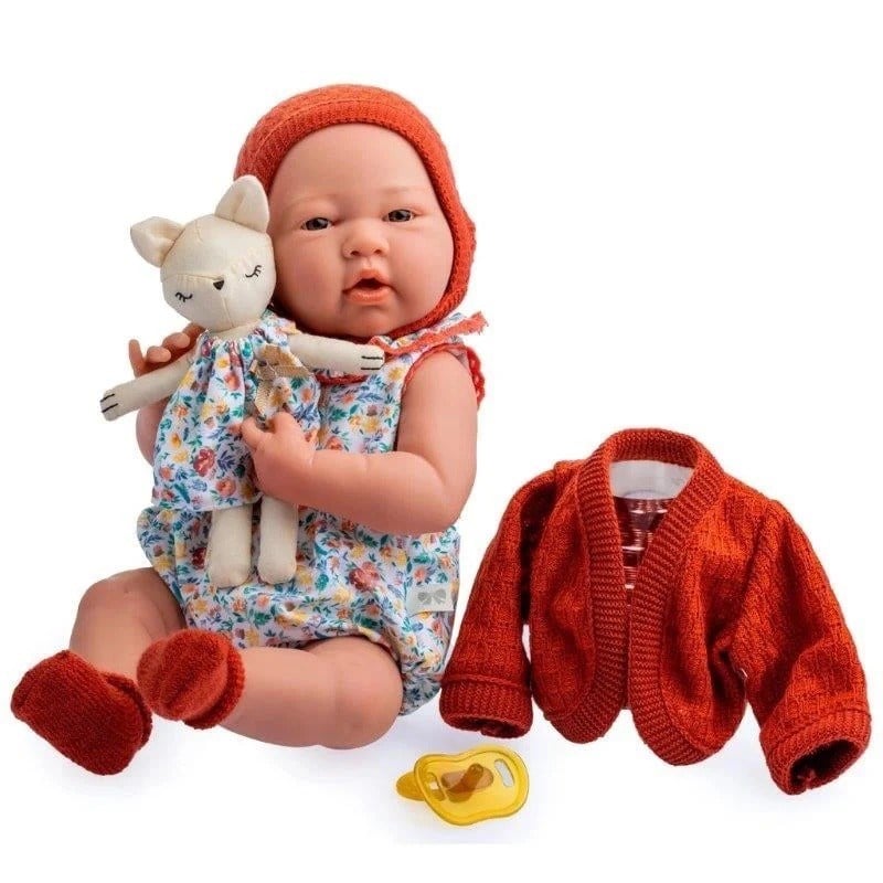 Berenguer 38 cm Gerçekçi Oyuncak Kız Bebek – Kiremit Hırka ve Kedili 18066