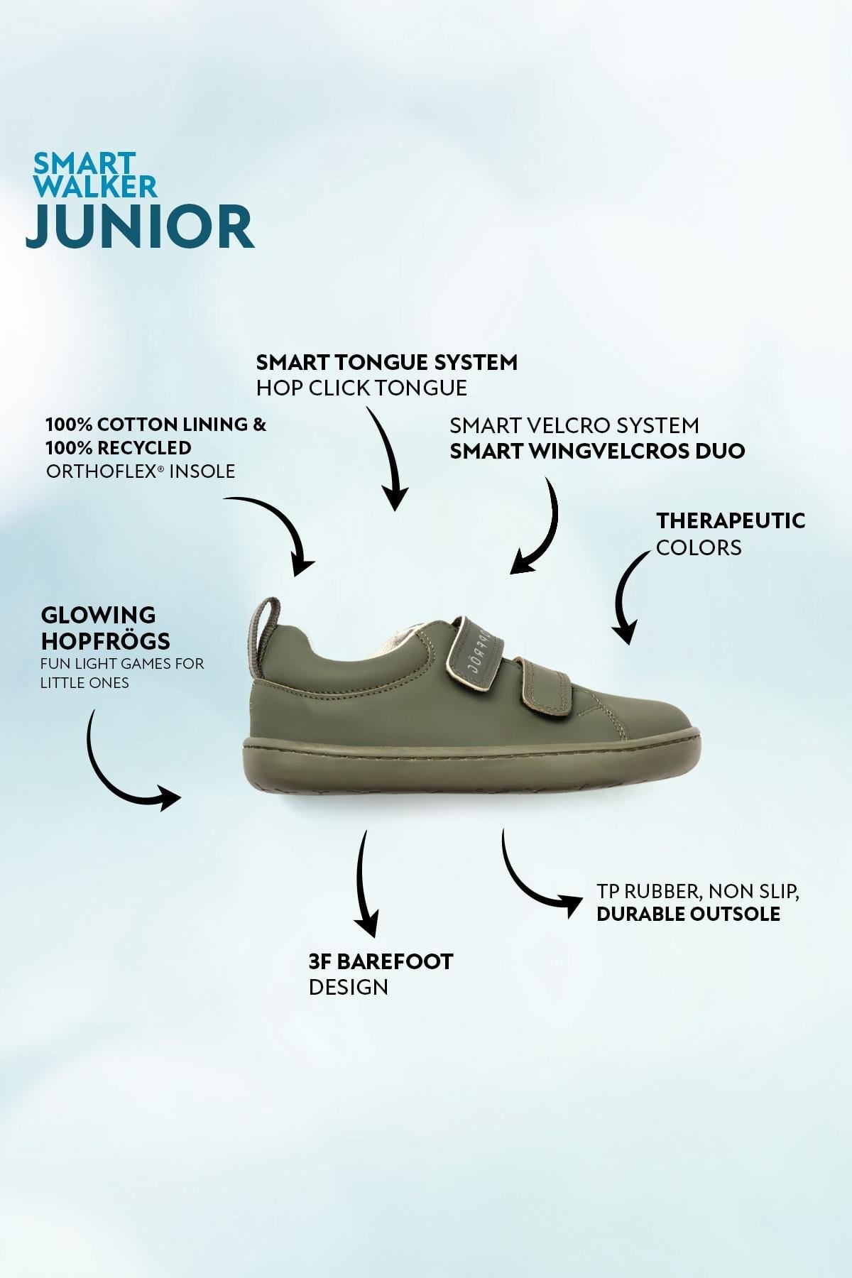 HOPFRÖG Smart Walker Junior Süper Mat Haki Barefoot Çocuk Ayakkabısı