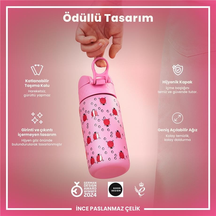 ION8 Paslanmaz Çelik Çocuk Suluk - Uğur Böceği- 400 ml - Sızdırmaz