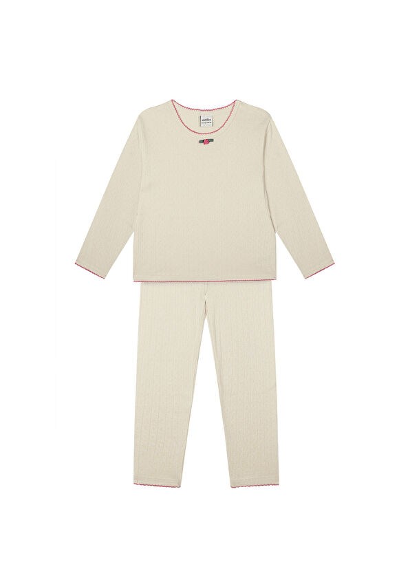 Antebies Güllü Krem Jakar Uzun Kollu Taytlı Kız Çocuk Pijama Takımı