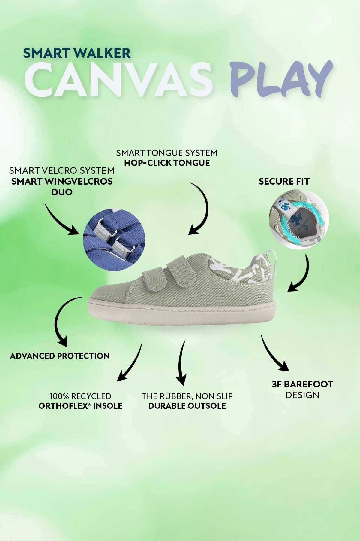 HOPFRÖGSmart Walker Canvas Play Eco Su Yeşili Barefoot Çocuk Ayakkabısı