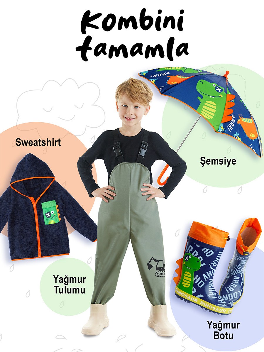 Denokids İnşaat Araçları Kepçe  Desenli Su Geçirmez Ayarlanabilir Askılı Erkek Çocuk Yağmur Tulumu