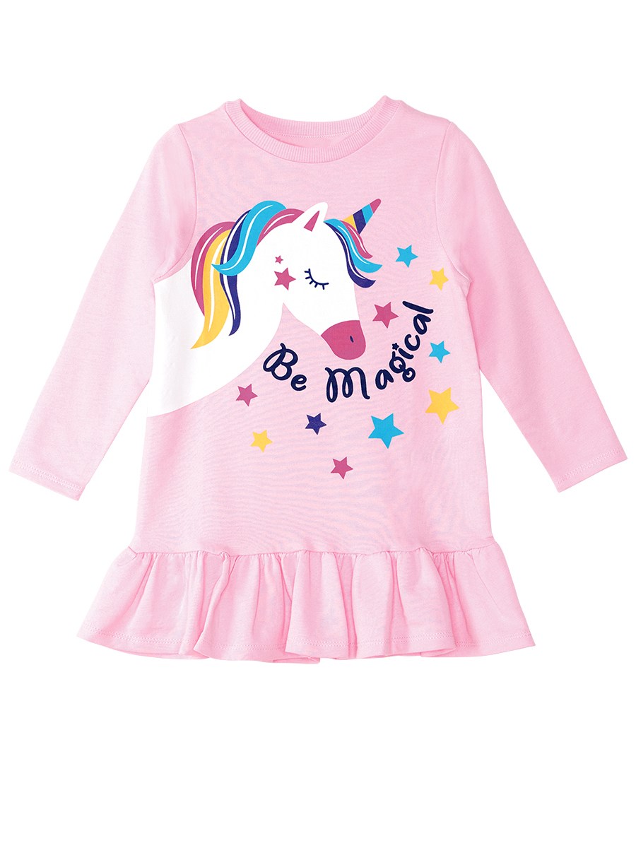 Denokids Unicorn Magic Desenli Uzun Kollu Kışlık Kız Çocuk Fırfırlı Elbise