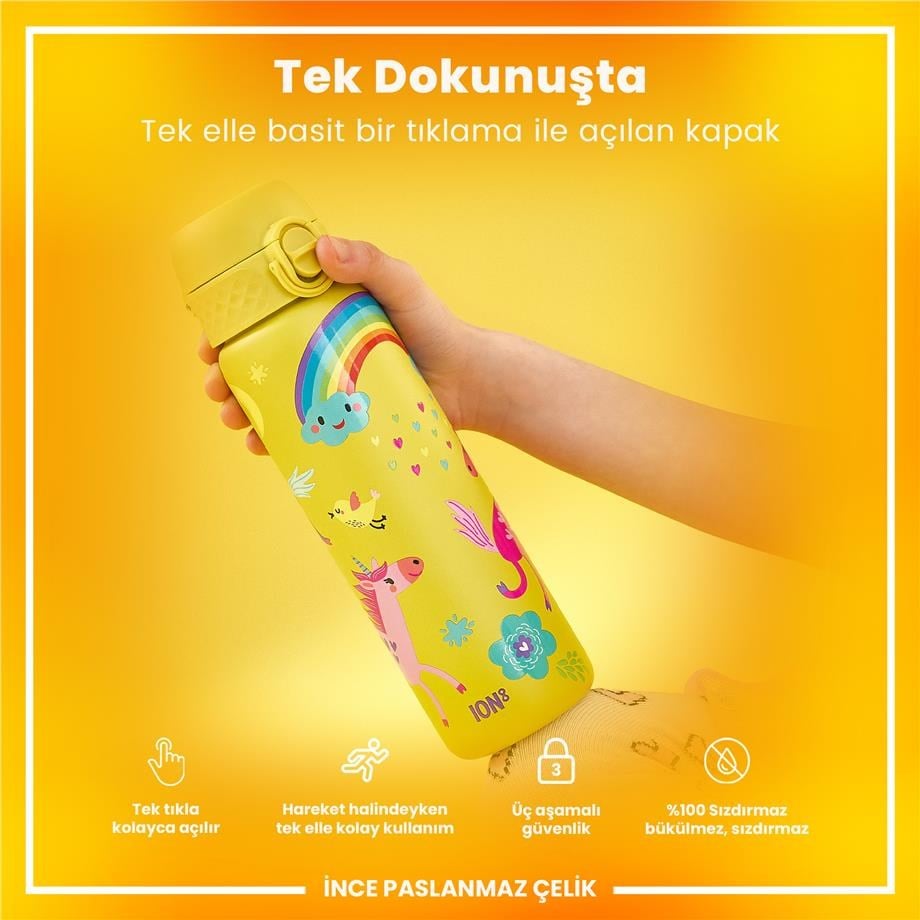 ION8 Paslanmaz Çelik İnce  Suluk - Sarı Unicorn - 600 Ml Sızdırmaz
