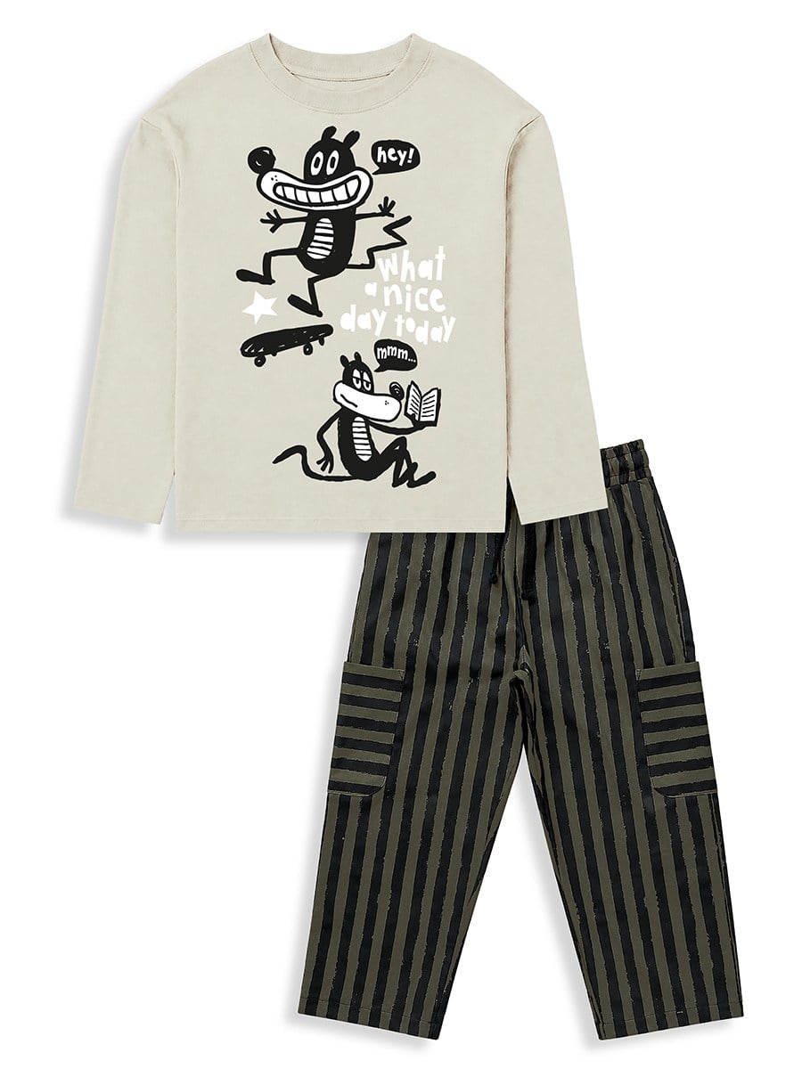 Denokids Nice Day Erkek Çocuk  Oversize T-shirt ve Çizgili Dokuma Gabardin Pantolon Takımı