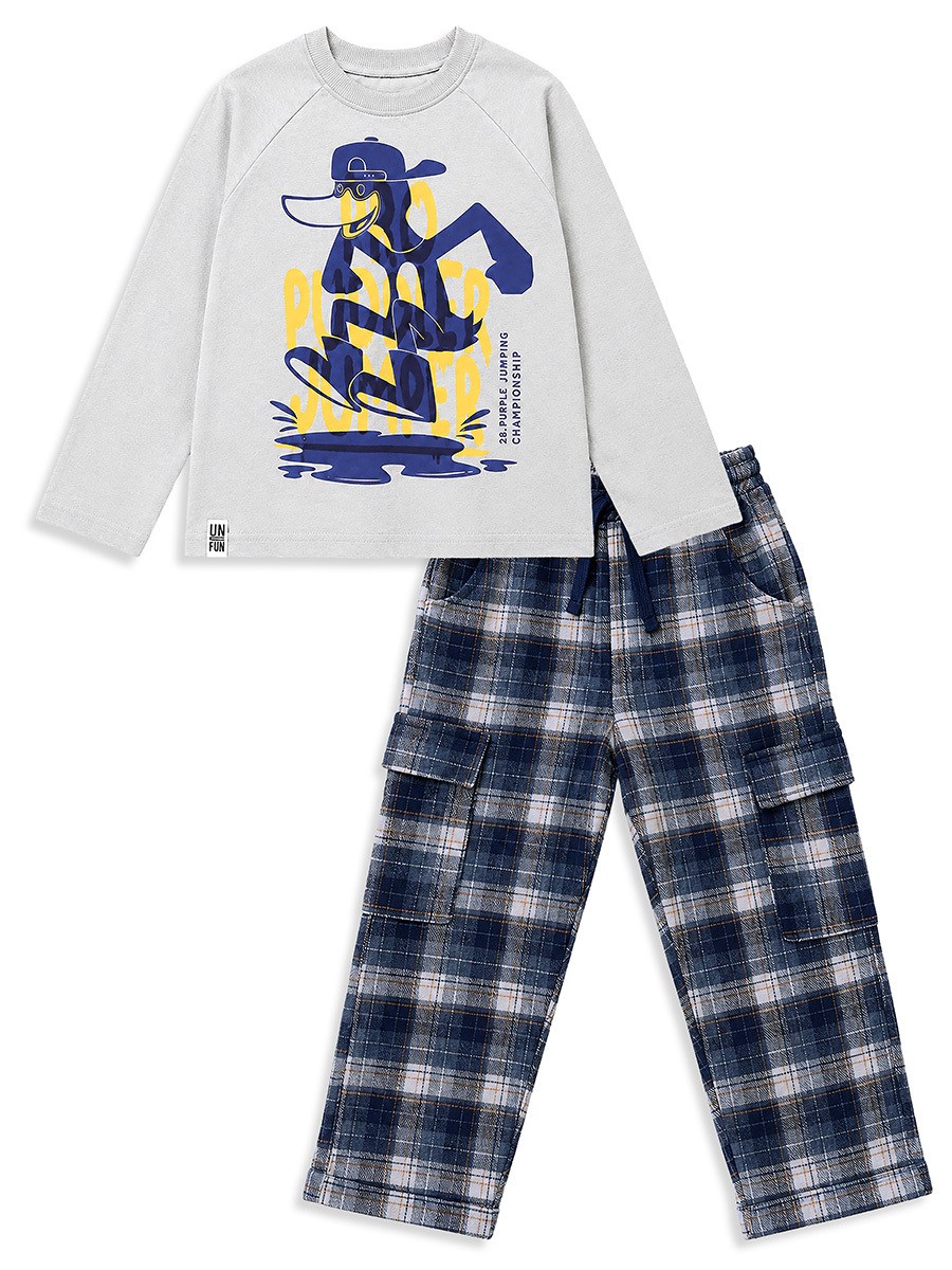 Denokids Puddle Erkek Çocuk Ördek Baskılı %100 Pamuk T-shirt ve  Ekose Dokuma Pantolon Takımı