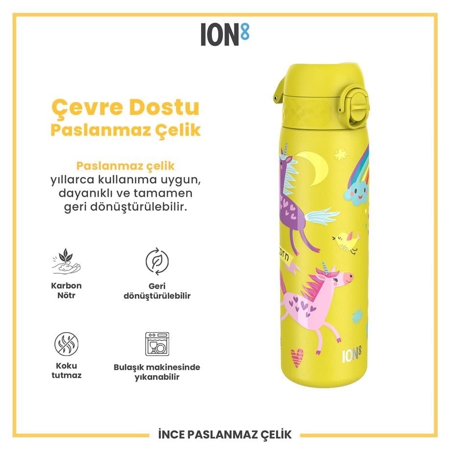 ION8 Paslanmaz Çelik İnce  Suluk - Sarı Unicorn - 600 Ml Sızdırmaz