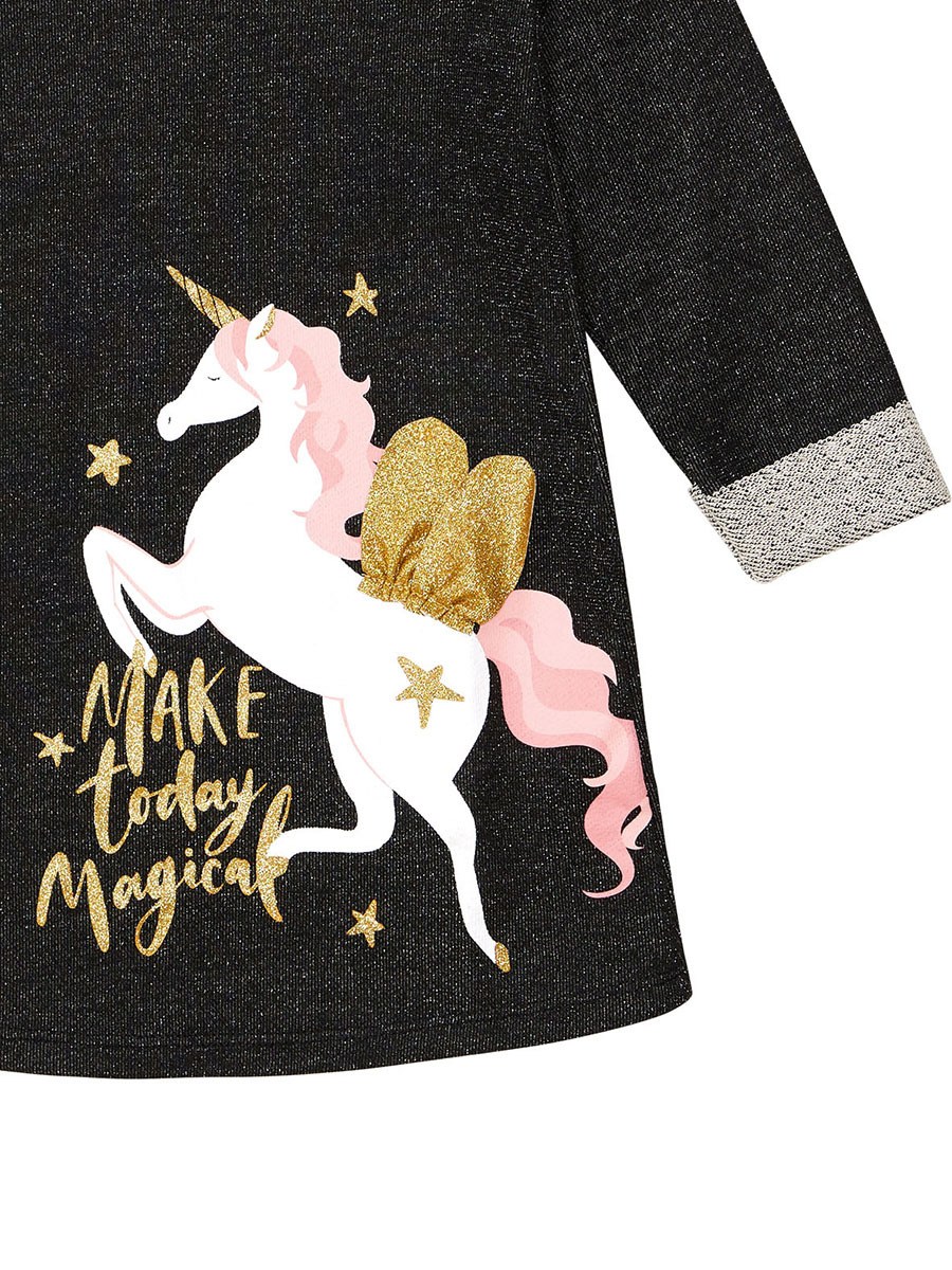 Denokids Kanatlı Unicorn Desenli Uzun Kollu Kız Çocuk Elbise