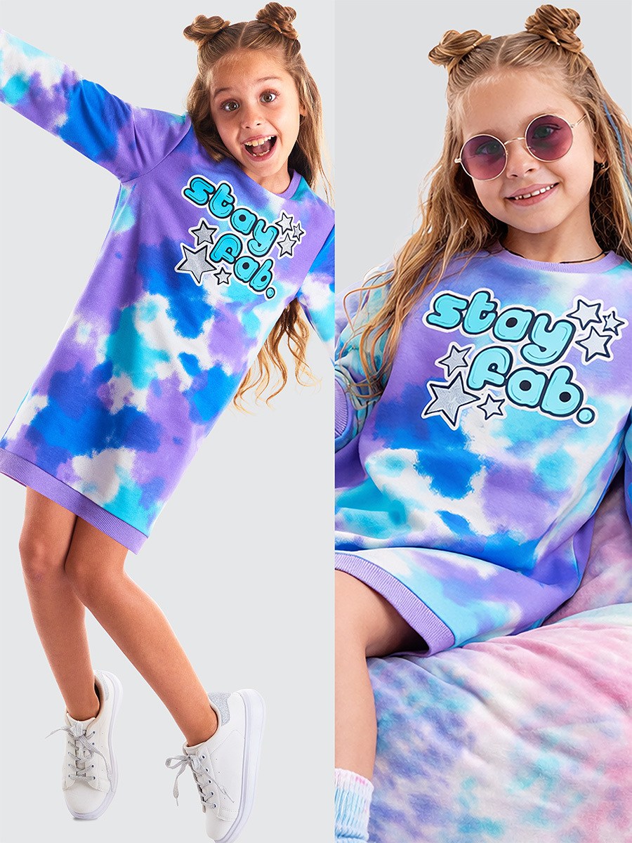 Denokids Fab. Batik Mavi Uzun Kollu Kışlık Kız Çocuk Elbise