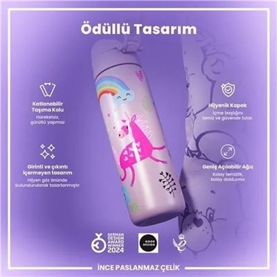 ION8 Paslanmaz Çelik İnce  Suluk - Unicorn - 600 Ml Sızdırmaz