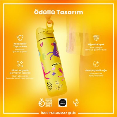 ION8 Paslanmaz Çelik İnce  Suluk - Sarı Unicorn - 600 Ml Sızdırmaz