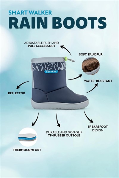 HOPFRÖG Rain Boots Süper Mat Lacivert Suya ve Soğuğa Dayanıklı Barefoot Çocuk Botu