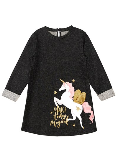 Denokids Kanatlı Unicorn Desenli Uzun Kollu Kız Çocuk Elbise