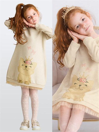 Denokids Cat Dream Kedi Desenli  Uzun Kollu Kışlık Kız Çocuk Elbise