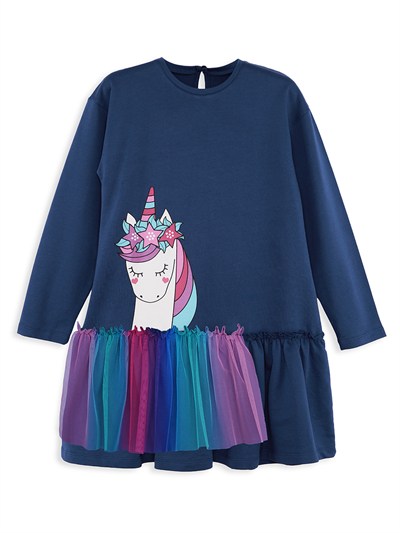 Denokids Unicorn Desenli Tüllü  Uzun Kollu Fırfırlı Kız Çocuk Elbise