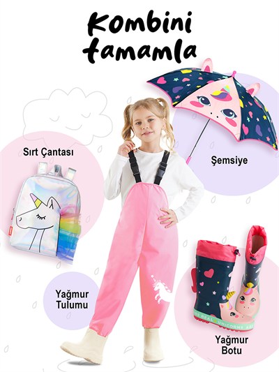 Denokids Unicorn Desenli Su Geçirmez Ayarlanabilir Askılı Kız Çocuk Yağmur Tulumu