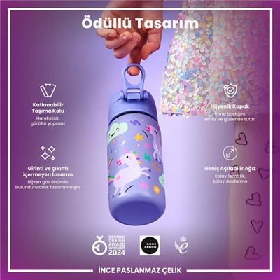 ION8 Paslanmaz Çelik Çocuk  Suluk - Mor Unicorn -  400 Ml Sızdırmaz