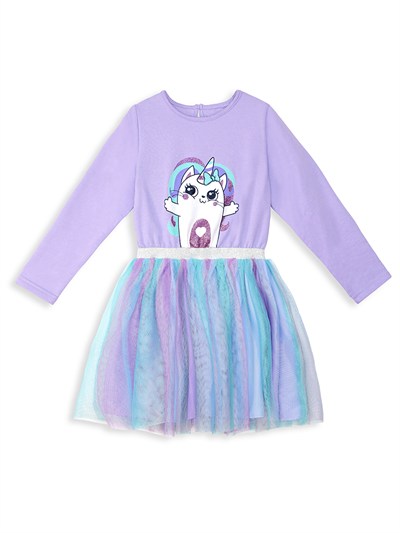 Denokids Unicorn Kedi Desenli Tüllü Uzun Kollu Kışlık Kız Çocuk Elbise