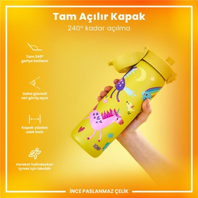 ION8 Paslanmaz Çelik İnce  Suluk - Sarı Unicorn - 600 Ml Sızdırmaz