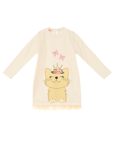 Denokids Cat Dream Kedi Desenli  Uzun Kollu Kışlık Kız Çocuk Elbise