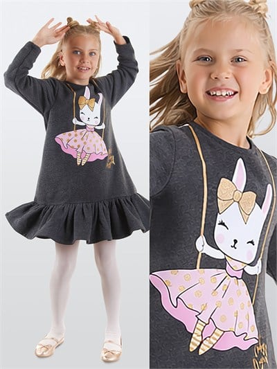 Denokids Tavşan Desenli Simli Uzun Kollu Kışlık Kız Çocuk Fırfırlı Elbise