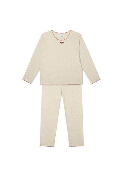 Antebies Güllü Krem Jakar Uzun Kollu Taytlı Kız Çocuk Pijama Takımı
